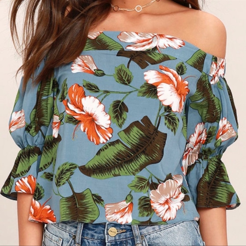 Lulus tropical print off the shoulder crop top leaf floral hibiscus blue small